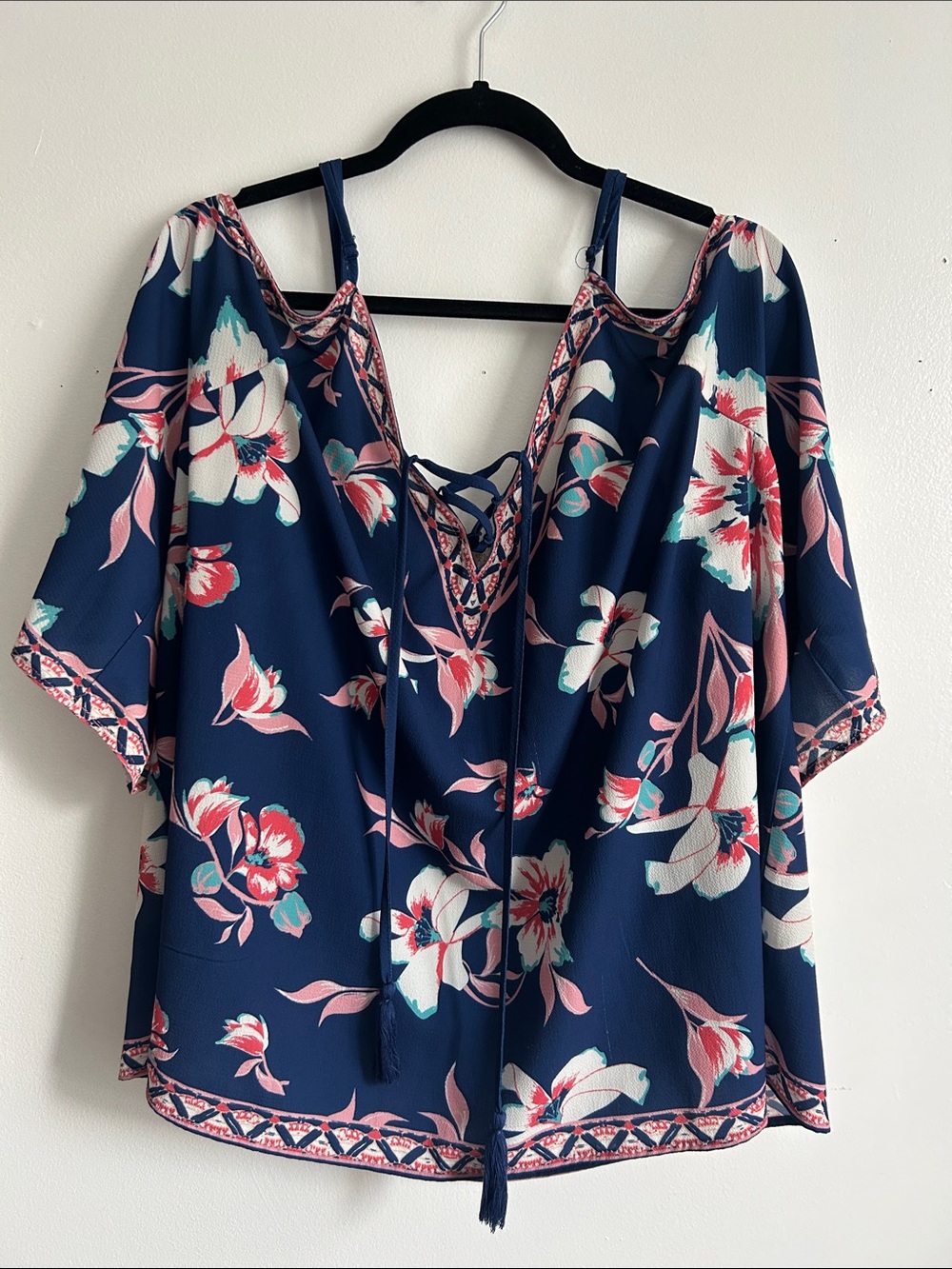 Flying Tomato Navy Floral Lace-Up Cold-Shoulder Top